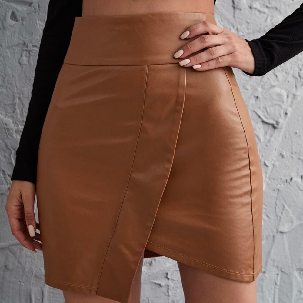 Camel Asym Wide waist leather mini skirt - Picture 8 of 13